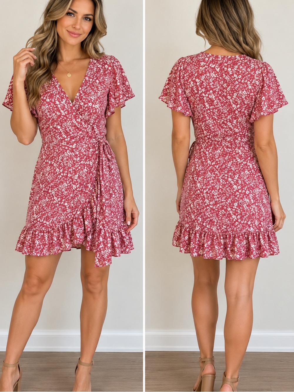 🌸NAGGOO Women’s “Floral Wrap Dress w/Tie Waist” Size Medium Pink/Wht Ruffle.🌸